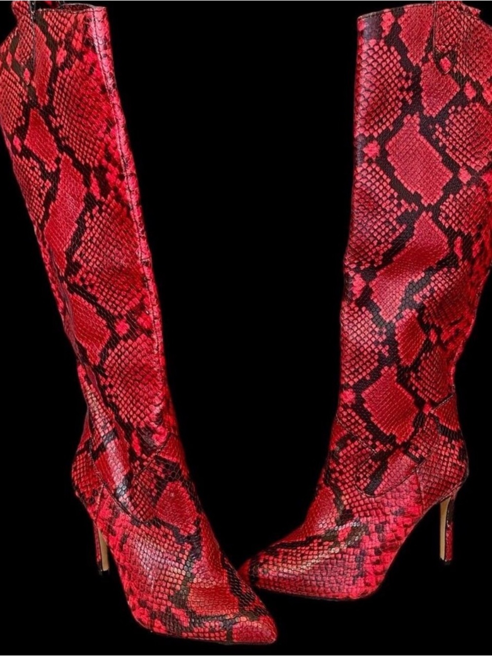 Vince Camuto  Women's Leather Snake Print Knee High Boots Red Black Sz 6 Kervana